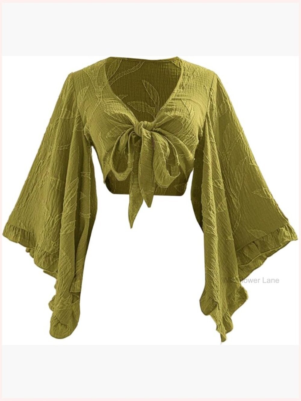 Textured Bow Tie Front V Neck Flare Long Sleeve Blouse Crop Top